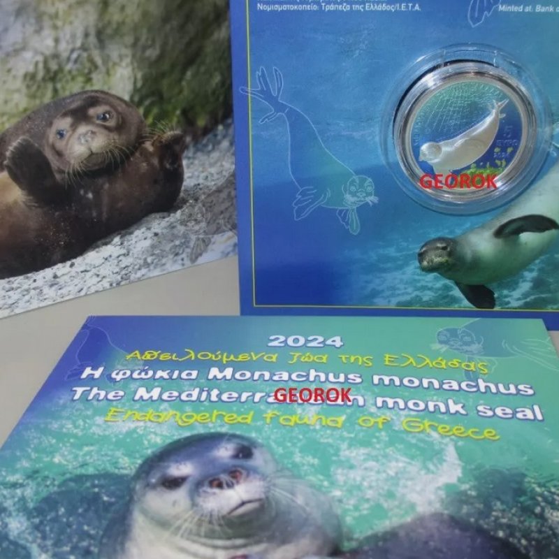 Greece silver 5 euro 2024, endagered spieces, monachus monachus monk seal